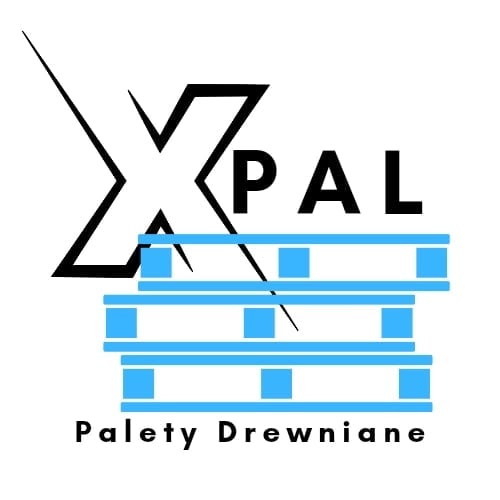 Xpal Palety Drewniane logo featuring geometric X shape and blue horizontal striped design with wooden palette elements